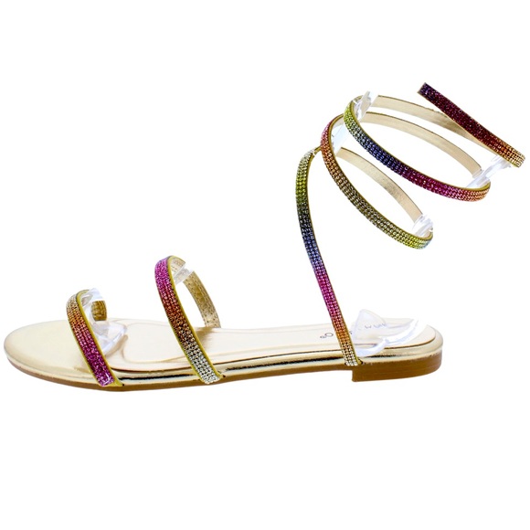 Gold Metallic Rainbow Ankle Wrap Sandals - Picture 1 of 2